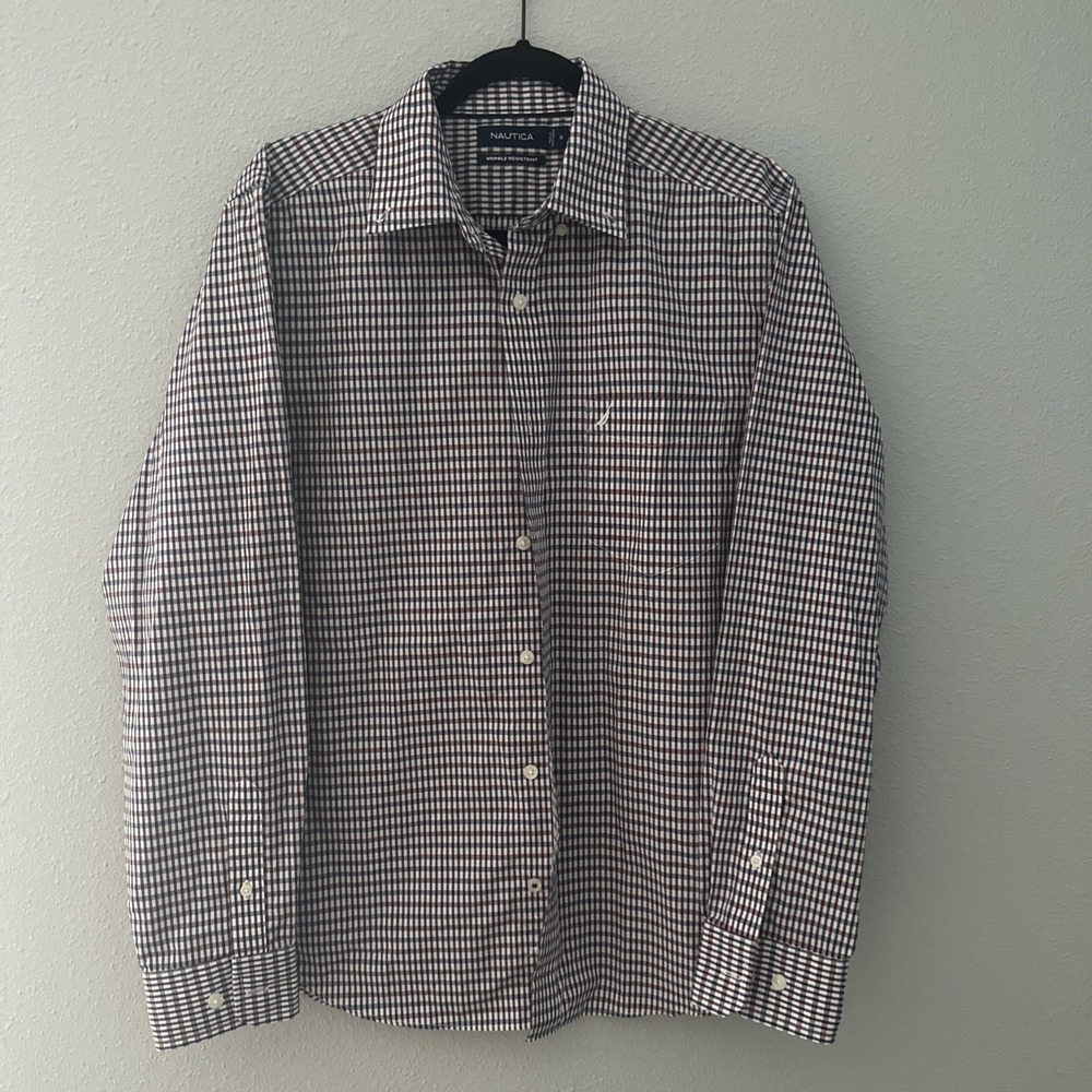 Nautica Mens M Plaid Check Shirt Red Blue White Wrinkle Resistant Long Sleeve